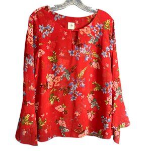 Cabi Red Floral Blouse Size L Keyhole Neckline Long Bell Sleeves